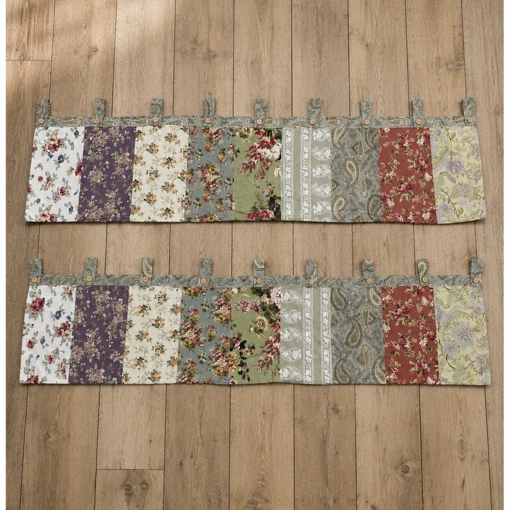 2 Vintage Patchwork Floral Tab Top Valance Pair Cottagecore Farmhouse Country